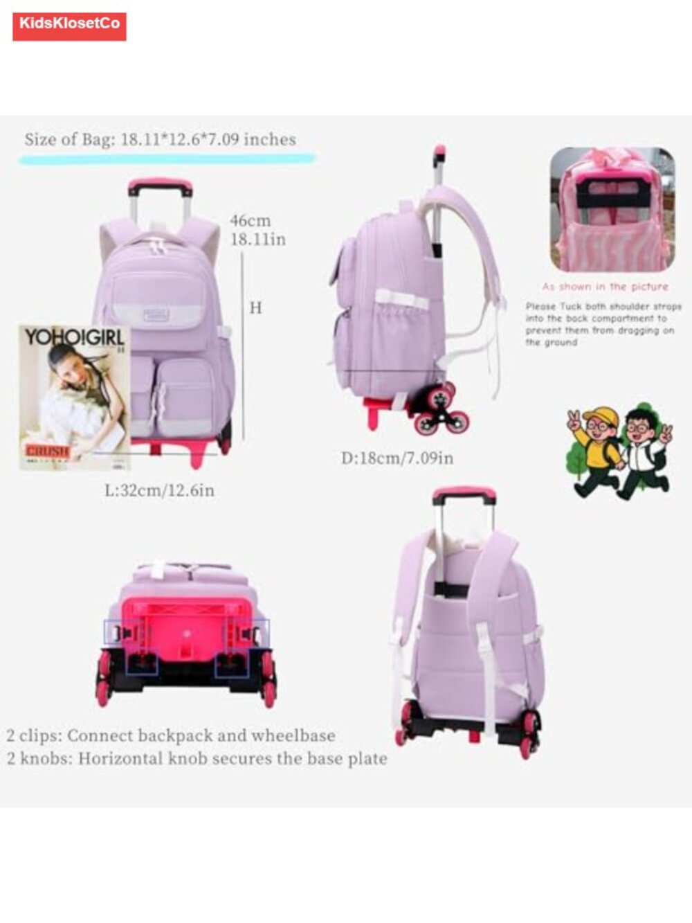 Kids Rolling Backpack with Wheels Trolley Bag for School Boys Girls, Nylon - Picture 2 of 5